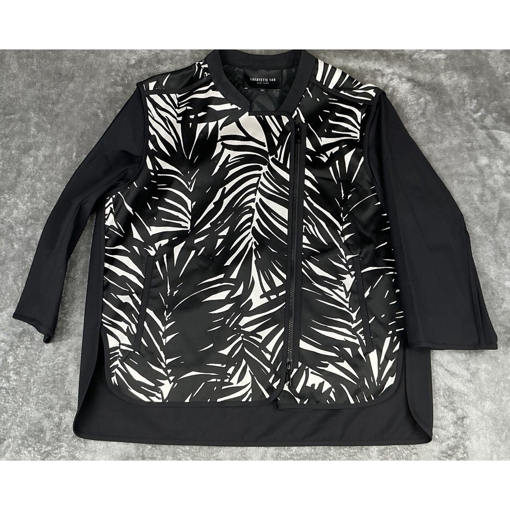 Lafayette 148 Women's Asymmetrical Zipper Blazer Jacket Black Palm Print Size L